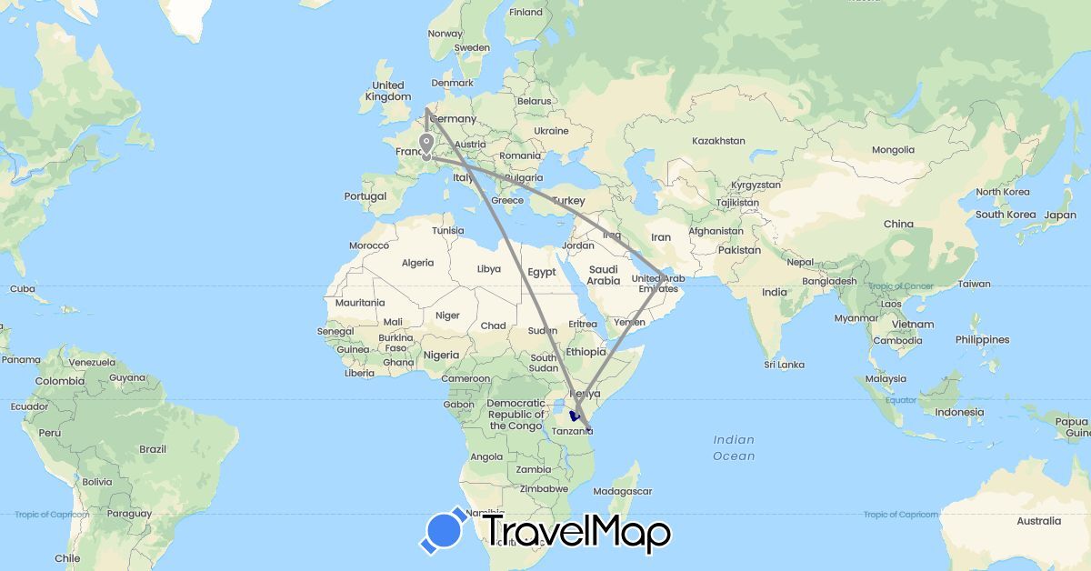 TravelMap itinerary: driving, plane in United Arab Emirates, France, Kenya, Netherlands, Tanzania (Africa, Asia, Europe)